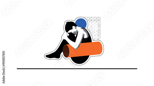 Black and white fetal-position figure floating slightly above ground line, orange cylindrical form positioned behind knees, delicate geometric grid