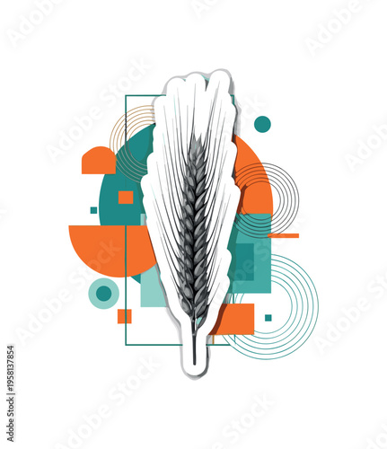 monochrome spikelet cluster with grains aligned symmetrically along the stem, white contour cut-out outline around the plant, layered circles and rectangular