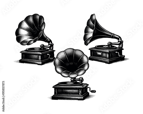 Vintage gramophone ? A vintage acoustic gramophone depicted as one object in three distinct angles, focusing on flared horn curvature, tonearm structure, and