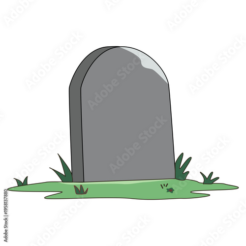 A cartoon illustration of a tombstone in a grassy field