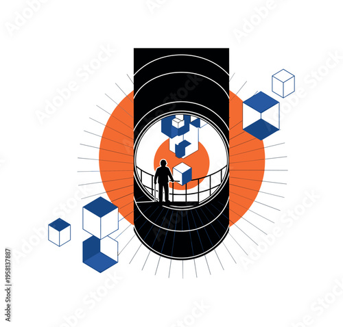 symbolic silo interior composition with a tiny worker silhouette standing on a platform within a giant cylinder, black and white cut-out figure and structure