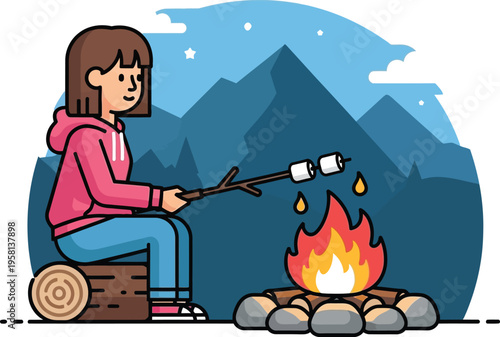 Woman Roasting Marshmallows Over Campfire.