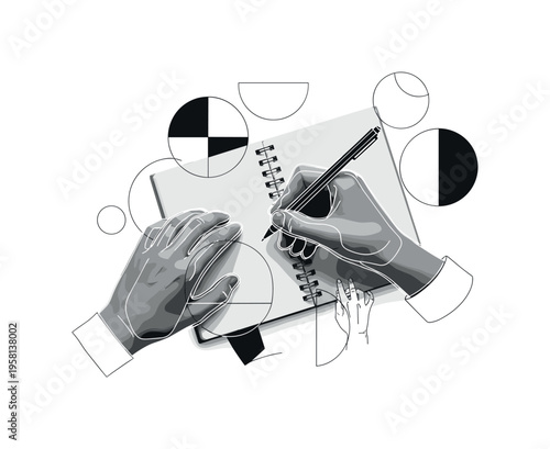 writing in notebook, geometric circles semicircles and abstract shapes emphasizing note-taking and comprehension, black and white retro realistic hands layered