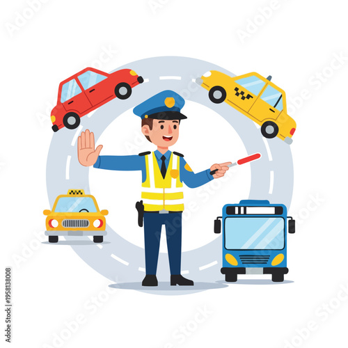 Officer directs traffic around cars and bus on a road