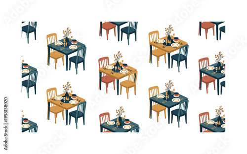home dining arrangement seamless pattern, chairs and tables with plates, cups, cutlery and small table decorations arranged in a repeating pattern, white