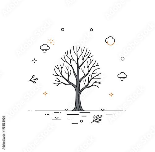 Barren tree lone tree in a foggy forest clearing with no leaves representing quietness, solitude, and natural minimalism. Decorative spark icons and tiny mist