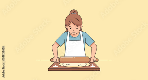 Woman Rolling Out Dough on Table.