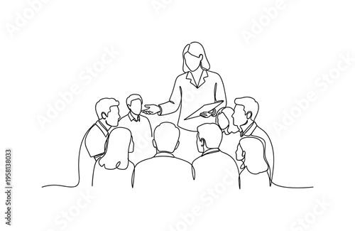 Community Caregiver Help. Minimalistic one-line drawing small group of people gathered around a caregiver offering guidance and encouragement, continuous
