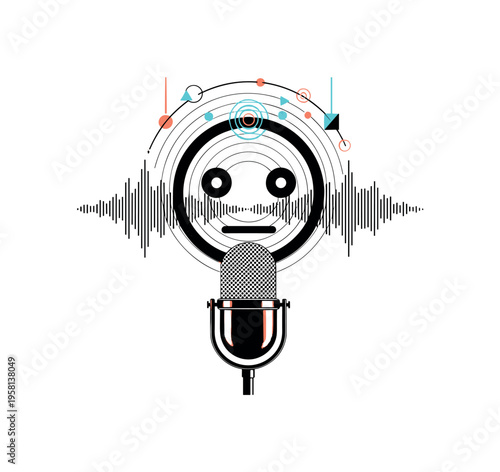 black and white microphone transforming into a friendly robot assistant head, layered circles and waveform lines symbolizing voice AI interaction, cyan and