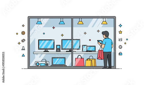 Electronics store window display modern gadgets arranged behind a glass storefront while a shopper studies the items with interest. Small sparkle icons suggest