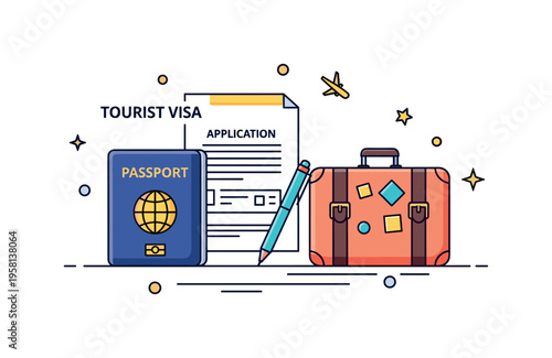 Tourist visa application scene with a passport, completed application form, and small pen icon placed beside a suitcase suggesting preparation for an