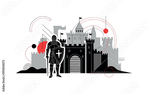knight standing before castle gate abstract circles lines and geometric shapes representing historical architecture and era black and white retro human figure
