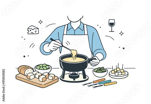 Cheese fondue preparation. A host stirring melted cheese in a fondue pot while arranging bread and simple snacks nearby. The mood feels organized, inviting,