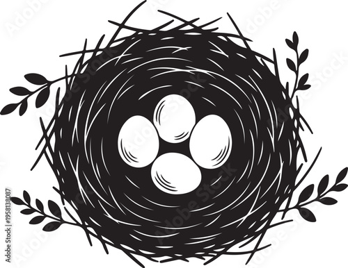 Bird Nest with Three Eggs and Leafy Branches Illustration