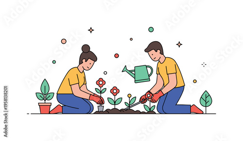 Friends gardening together a compact summer garden scene where two people care for plants while flowers leaves and a watering can create a peaceful seasonal