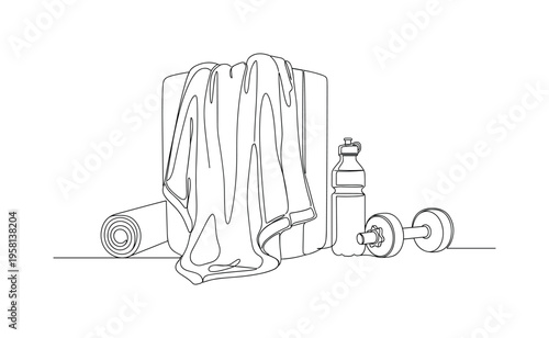 Sweat Towel Detail. Minimalistic one-line drawing towel showing folds and texture near gym gear, continuous single black line on white background, simple