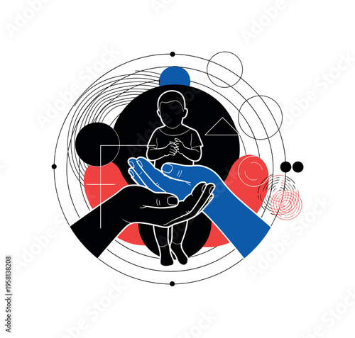 human hand supporting child held by activist abstract circles lines and geometric shapes representing care and protection black and white retro hand and