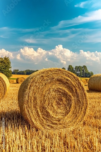 Golden Hay Bales Spread Across a Sunlit Summer Field Beneath a Clear Blue Sky, Perfect Rural Scene
