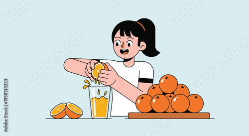 Woman Squeezing Orange Juice into Glass.