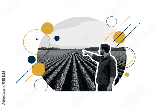 black and white agronomist pointing toward crop rows in farmland landscape, cut-out collage look with white outline, floating geometric circles and diagonal