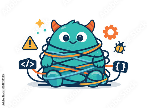Tech debt monster metaphor shown as a friendly but growing creature tangled in code lines, conveying accumulated shortcuts and hidden complexity. A clear