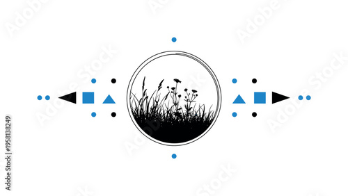 Centered silhouette-style black and white meadow landscape framed by a thin circular outline, surrounded by small blue dots and flat geometric blocks arranged