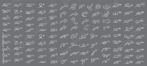 Hand drawn decorative arrow collection with swirling lines, vintage doodle style, elegant directional design elements set