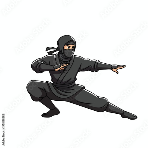 A stylized warrior in dark clothing and a face mask adopts a low, dynamic stance