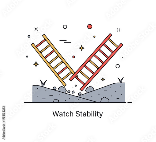 Unstable ladder on uneven terrain illustrated with small rocks beneath and a tilted ladder silhouette. A compact ?Watch Stability? caption communicates risk