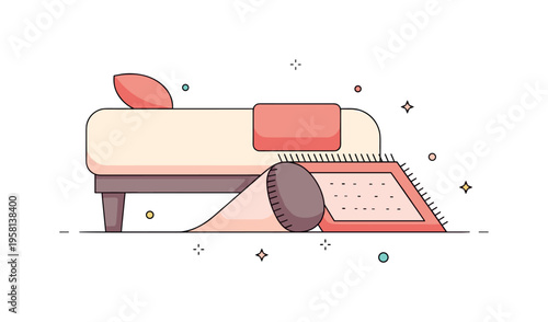 Soft textured rug under bed with a corner folded slightly, showing gentle contrast against the floor and tiny decorative stars, evoking a warm and inviting