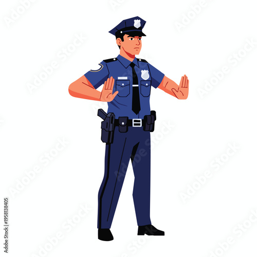 Illustration of a law enforcement officer in uniform, holding hands up in stop gesture