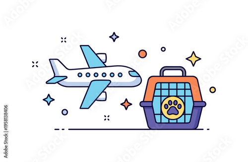 Air travel with pets airplane icon beside a pet carrier with a small paw symbol while star accents suggest safe and comfortable flights for animals. The scene