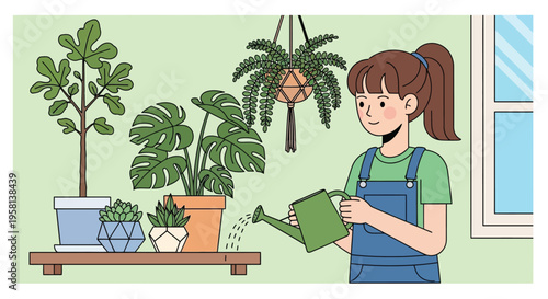 Woman Watering Indoor Plants in Apron.