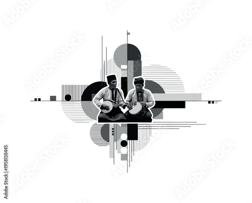 traditional music performance, geometric circles lines and abstract blocks illustrating rhythm and heritage, black and white retro realistic musicians layered