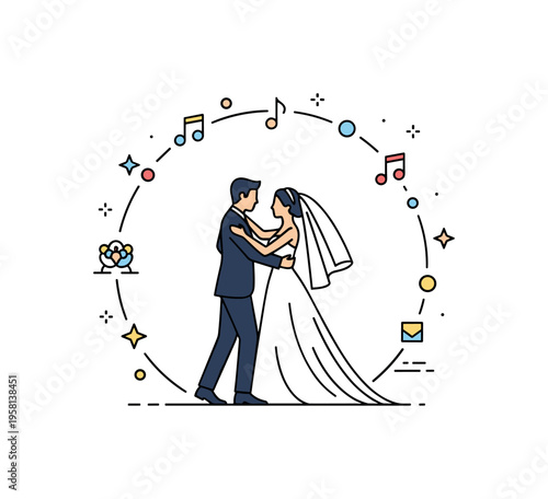 Bride and groom first dance silhouette centered within a soft circular frame with small musical note accents. The composition conveys elegance, movement, and