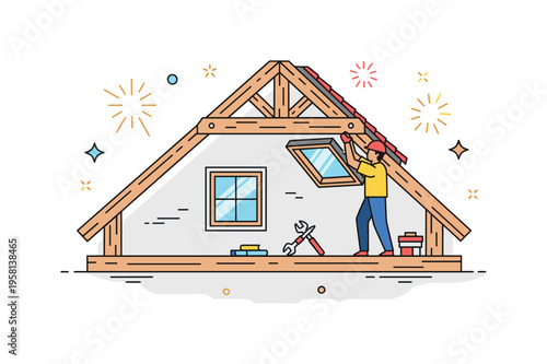 Attic renovation project simple loft area with exposed wooden beams while a person installs a small roof window and tools rest nearby. Decorative spark icons
