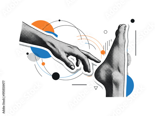 human hand reaching across chest abstract circles lines and geometric shapes representing shoulder stretch exercise black and white retro hand and arm with