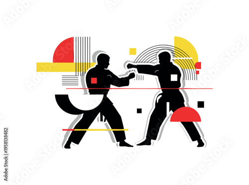 two martial artists sparring abstract semicircles lines and geometric blocks symbolizing practice and technique black and white retro human silhouettes with