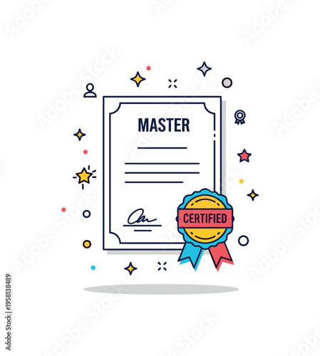 Master professional recognition with a certificate framed by small star accents and a badge labeled ?Certified?. The visual metaphor expresses authority, skill