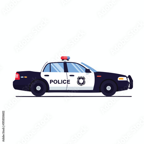 A stylized side profile of a dark blue and white police car