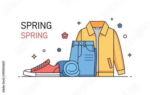 Spring street style outfit fashionable sneakers placed next to rolled up jeans and a light jacket while tiny flower icons and star accents evoke a casual urban