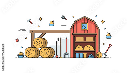 Farm barn interior with hay bales and farm tools representing storage, organization, and agricultural life. Decorative stars and tiny hay and tool icons