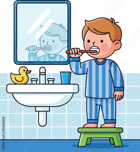 Young Boy Brushing Teeth in Bathroom.
