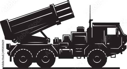 Vector illustration of a black military truck with missile launcher