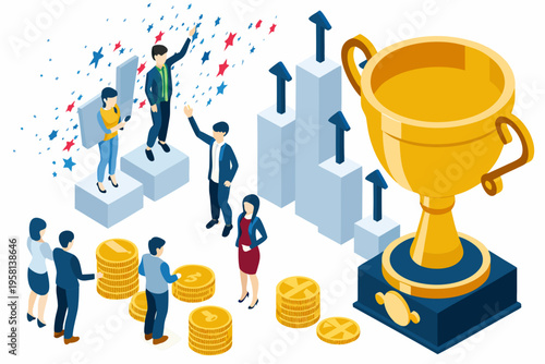 Celebrating success team achieving goals with awards and financial gain