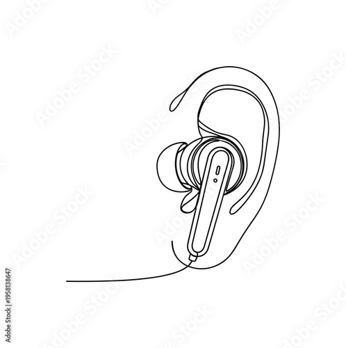 Ear-Worn Wearable. Minimalistic one-line drawing wireless earbud device worn on the ear for fitness and audio monitoring, continuous single black line on white