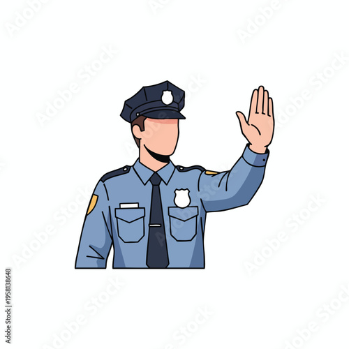 Officer in uniform with cap raises hand in stop gesture