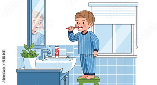 Young Boy Brushing Teeth in Bathroom 1.