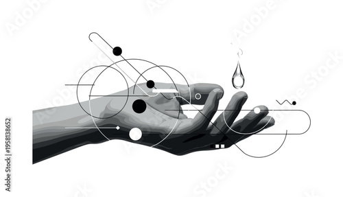 hand holding a droplet evaporating, geometric lines circles and abstract shapes symbolizing change and interaction, black and white retro realistic hand with