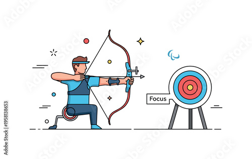 Paralympic archery focused archer using adaptive support equipment aiming an arrow toward a clean circular target with a small word Focus. The scene symbolizes
